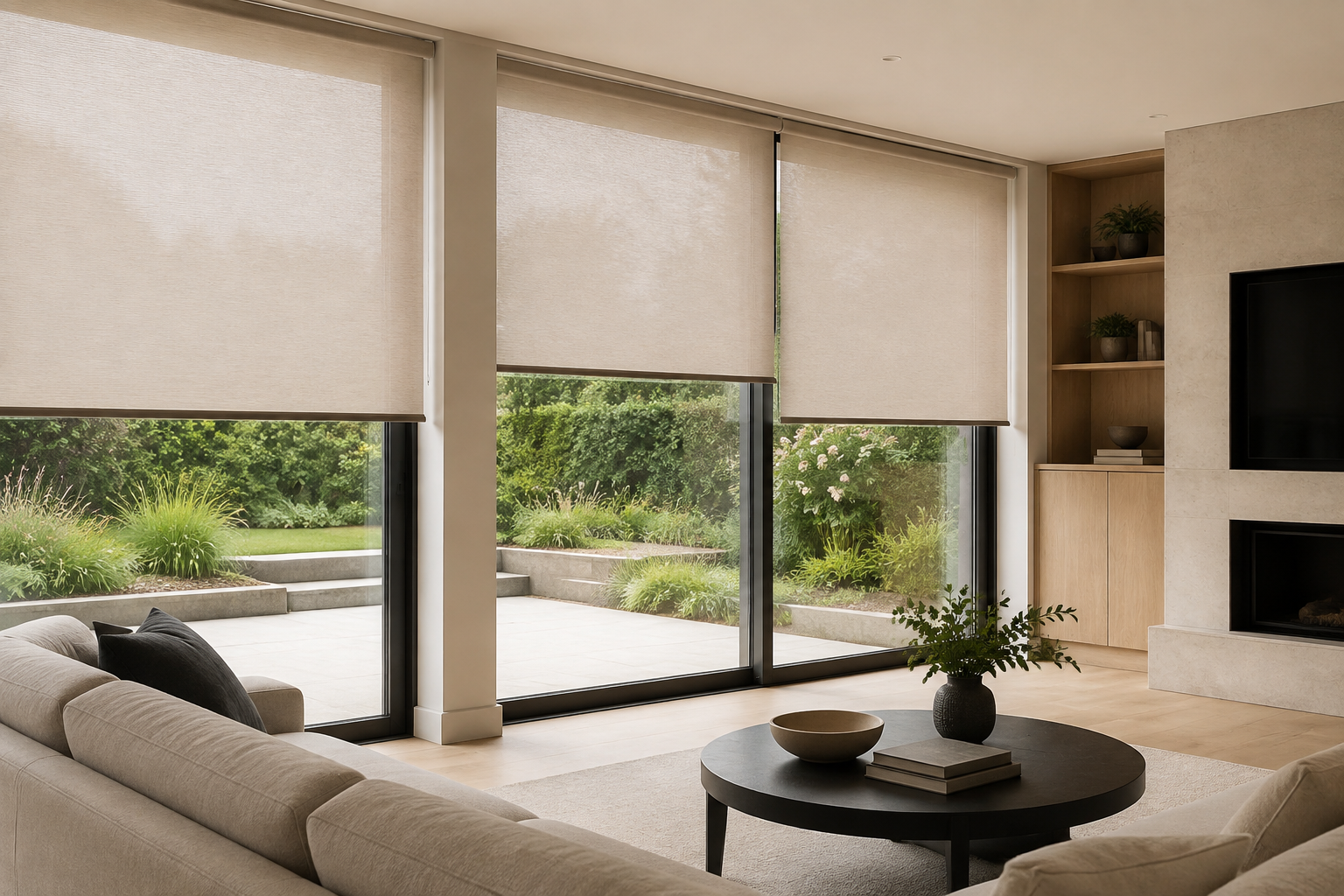 Motorised blinds fitted in a contemporary home